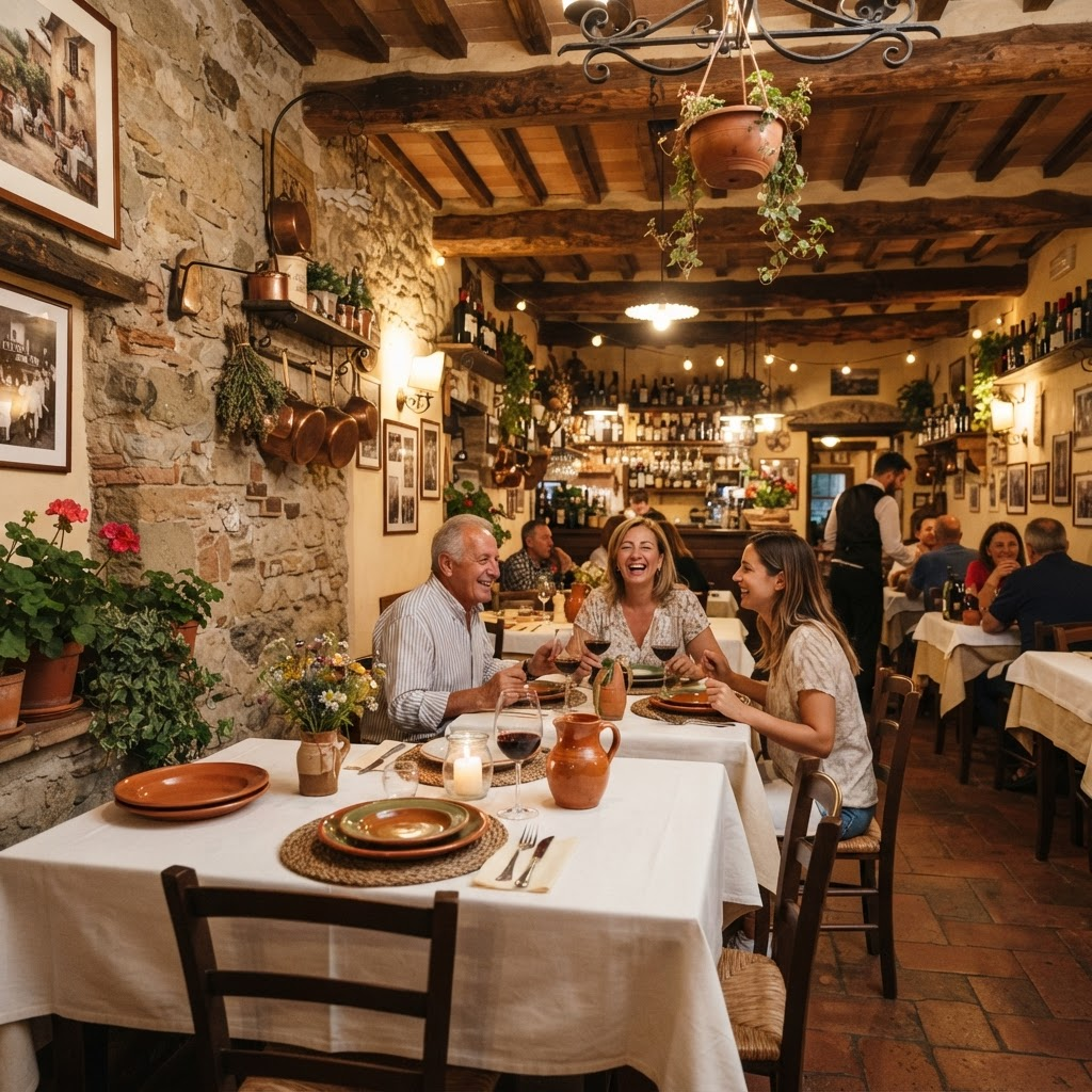 Interno accogliente della trattoria con tavola apparecchiata