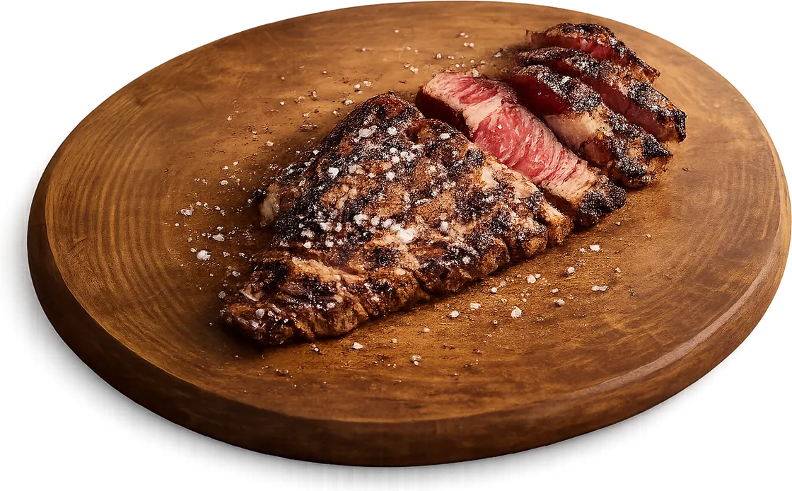 Bistecca alla griglia tagliata a fette su un tagliere di legno
